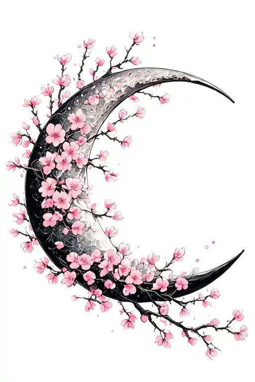 Crescent Moon Covered In Cherry Blossoms Wrapped Around It Petals Blowing Away