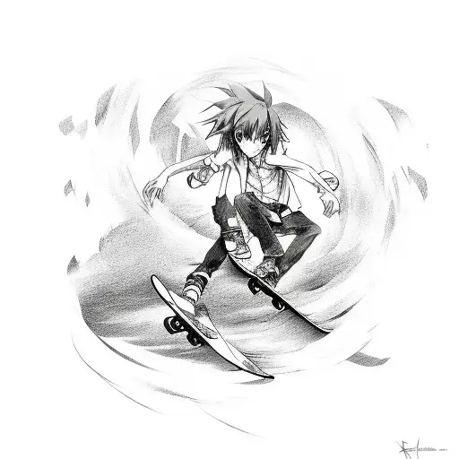 A Sketch Style Tattoo Of An Anime Character Riding A Skateboard With A Music-themed Background