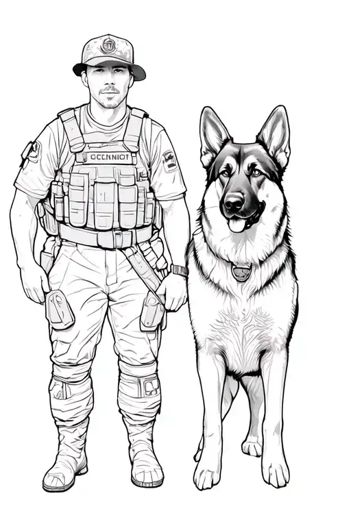 Combat Veteran With A German Shepherd Standing Side By Side In A Heroic Pose