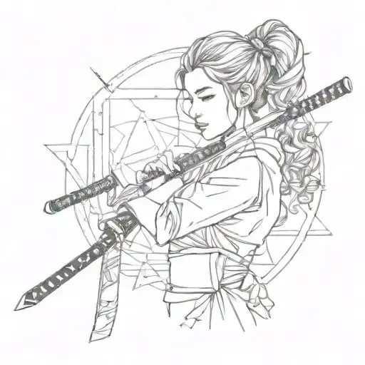 Dotwork Watercolor Geometry Knife Katana Girl Holding Katana