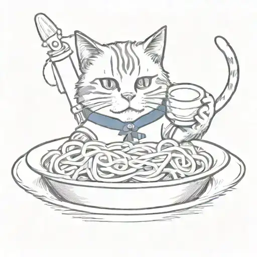 A Sketch Tattoo Of A Cat Wearing A Dodgers Jersey And Holding A Bowl Of Spaghetti