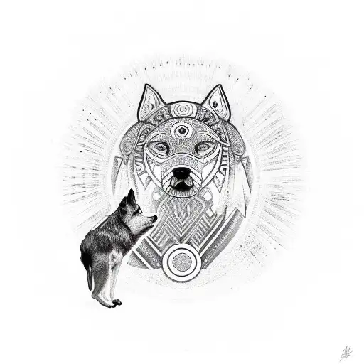 A Tribal Howling Dog For The Shoulder Surrounded By A Circular Aura Of Tribal Designs