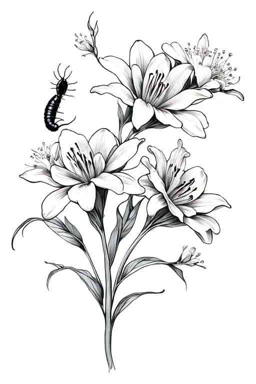 Lots Black And White Lycoris Flower With Cherry Blossom Flowers And A Centipede