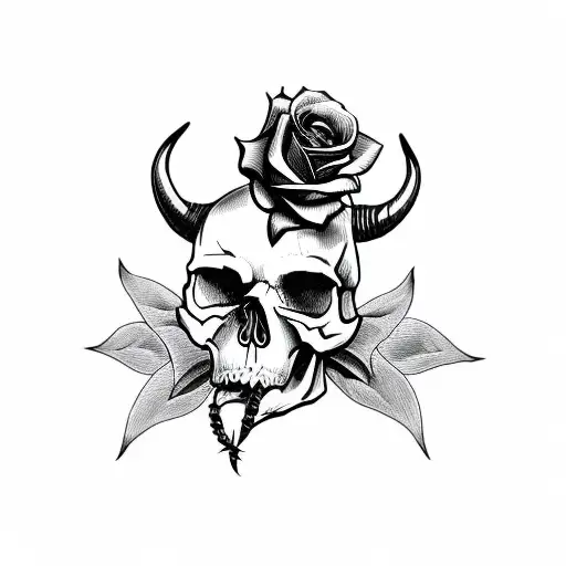 Skull With Horns And A Rose In The Mouth