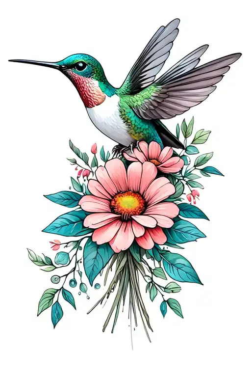 Hummingbird And A Boquet Of Flowers Wrapped