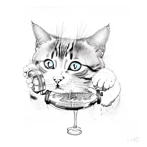 A Cat Dj Mixing Records Drinking Wine