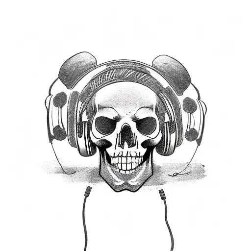 A Tattoo Design Of A Skull Wearing Headphones And Djing With A Lion And Gun As Backup Dancers
