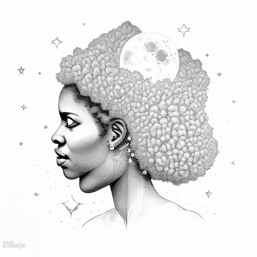 Spiritual Mother Nature Kneeping Woman With Afro Holding The World With Moon And Sun Behind Her