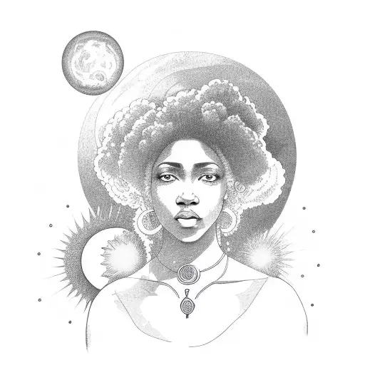 Spiritual Mother Nature Kneeling Woman With Afro Holding The World With Moon And Sun Behind Her