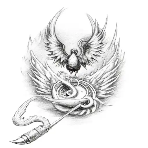 Bow And A Pocket Watch With The Wings Of A Phoenix With Fire And Sand Details