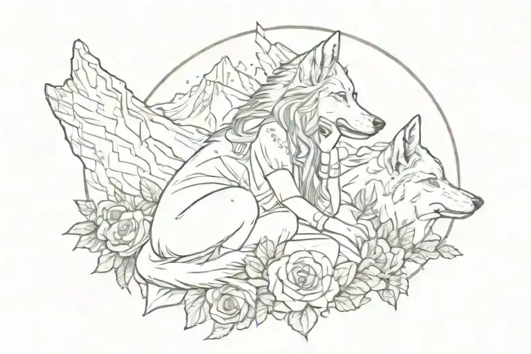 Girl Sitting Next To A Wolf And A Rose Looking Towards A Mountain