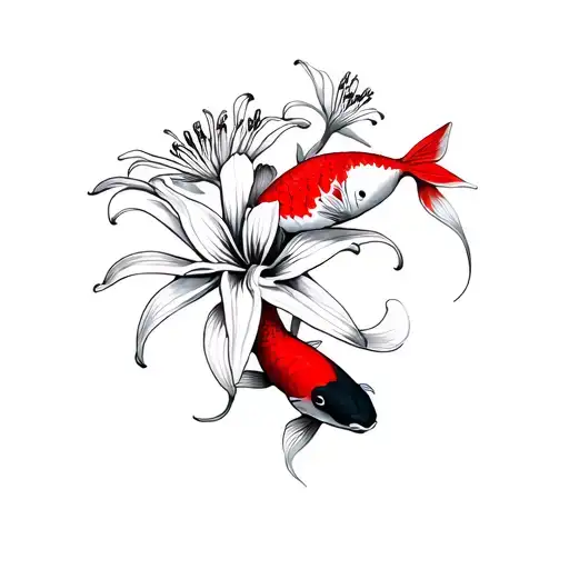 Spider Lily Flowers With A Red And Black Koi Fish Swimming