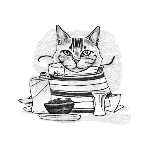 A Sketch-style Tattoo Of A Picnic Blanket With Various Handcrafted Items And A Cat Lounging On Top