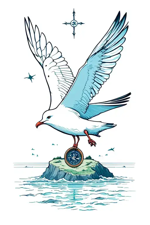 Seagull With A Compass And An Island