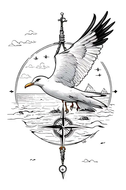Seagull From Above With A Compass And An Island
