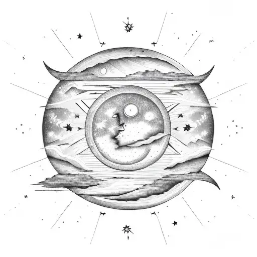 Stars And Sun And Moon Fineline In A Straight Line