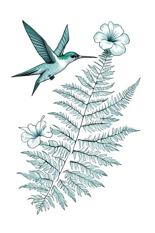 Fern And Hummingbird And Hibiscus Flower