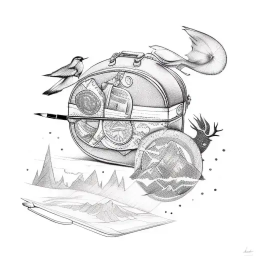 A Sketch-style Tattoo Of A Suitcase Filled With Animal Silhouettes And Travel Essentials