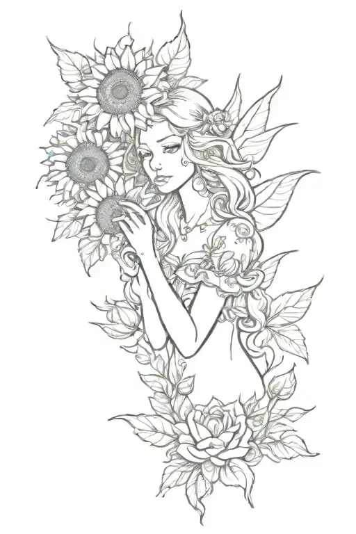 Fairy Holding Sunflower And Rose