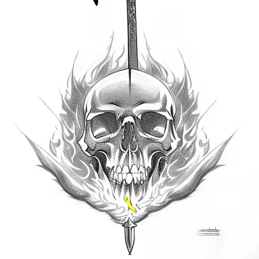 A Sword Engulfed In Flames With A Skull At Its Hilt