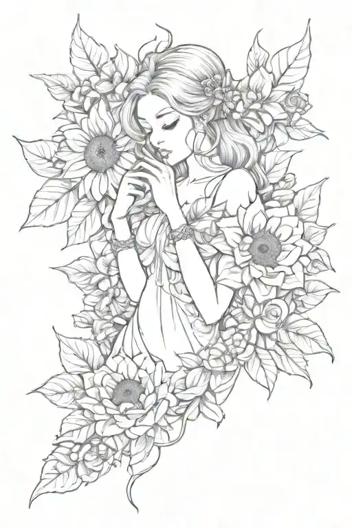 Fairy Holding Sunflower And Rose Bouquet