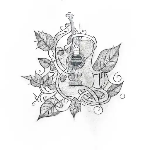 A Sketch-style Tattoo Of A Guitar Intertwined With Vines And Leaves