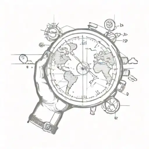A Sketch Of A Watch Face With Hands Pointing To Different Adventure Destinations Around The World