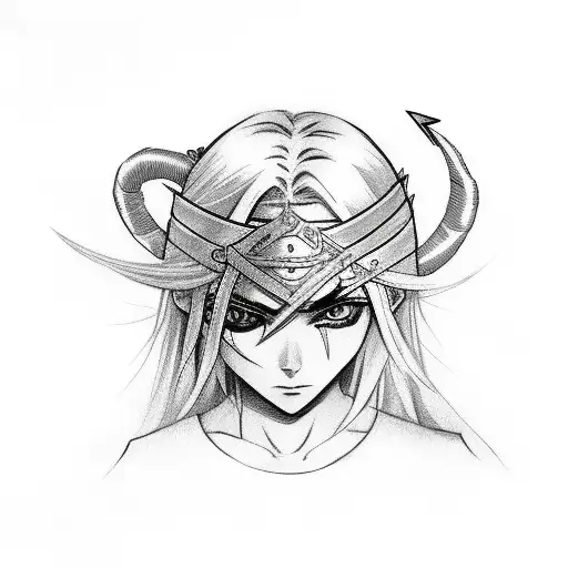 Girl Ninja With White Hair A Scar In Her One Eye A Katana And Hair Bandana Tattoo Style