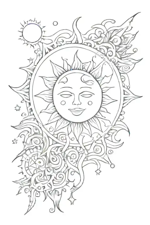 Sun With Little Designs Forming A Line Coming From The Top And Bottom