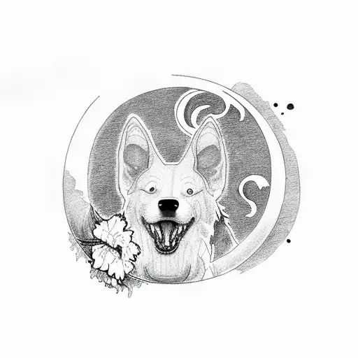 A Dog Howling At A Moon Made Of Hibiscus Flowers