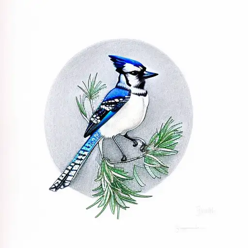 Semi Realistic Blue Jay In Slight Colour With A Simple Crown In A Small Rosemary Wreath
