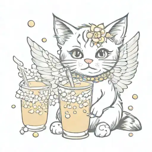 Cute Cat With Cute Eyes With Cool Wings Holding A Bobs Drink With Visible Boba Pearls