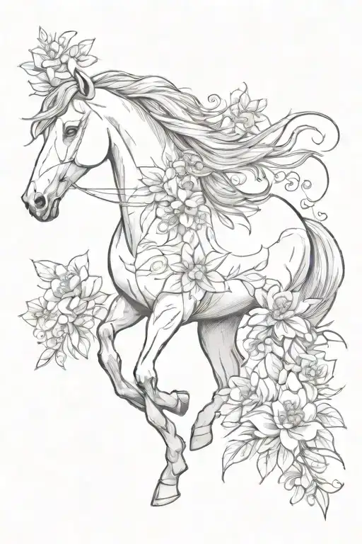 Horse And Flowers Blooming