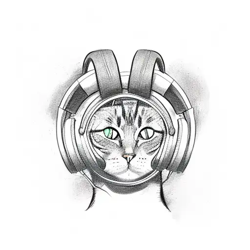A Sketch-style Tattoo Of A Cat Wearing Headphones And Listening To Music