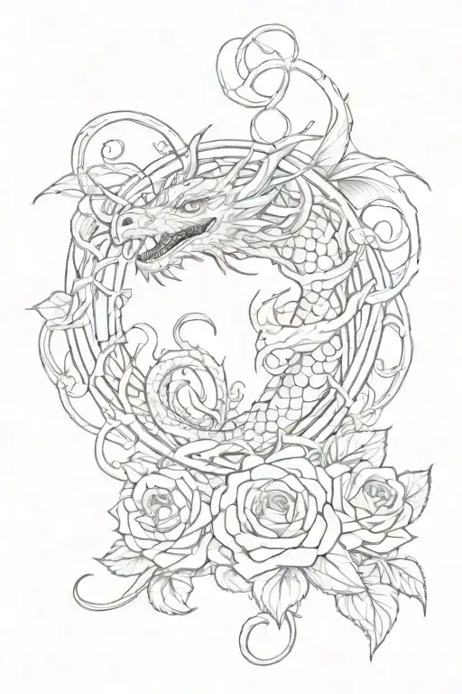 Dragon In Roses And Vines That Make A Heartagram And The Number 13