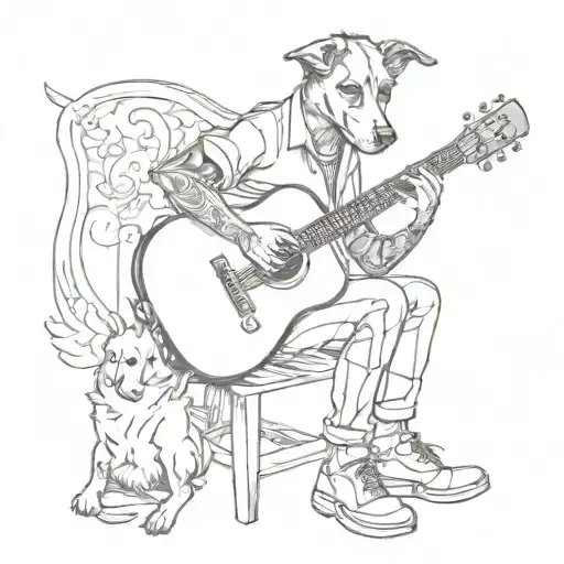 A Sketch Style Tattoo Of A Student Playing A Guitar With A Dog Sitting At Their Feet