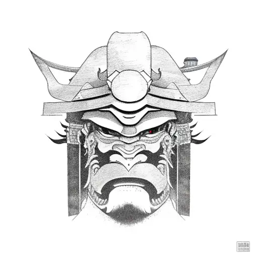 Complete Samurai With Half Oni Mask And A Japanese Castle In The Background