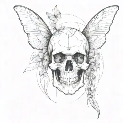 Skull In The Middle With Butterfly Wings And Light Lines