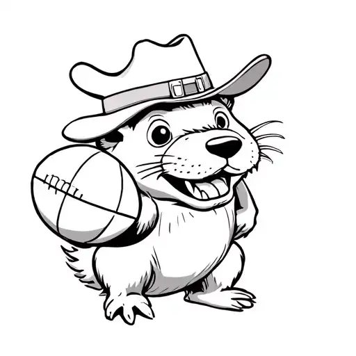 Beaver Wearing A Cowboy Hat Holding A Rugby Ball With Prominent Front Teeth In Cartoon Style