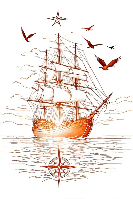 Ship In The Sea With Sunset And Birds And A Compass