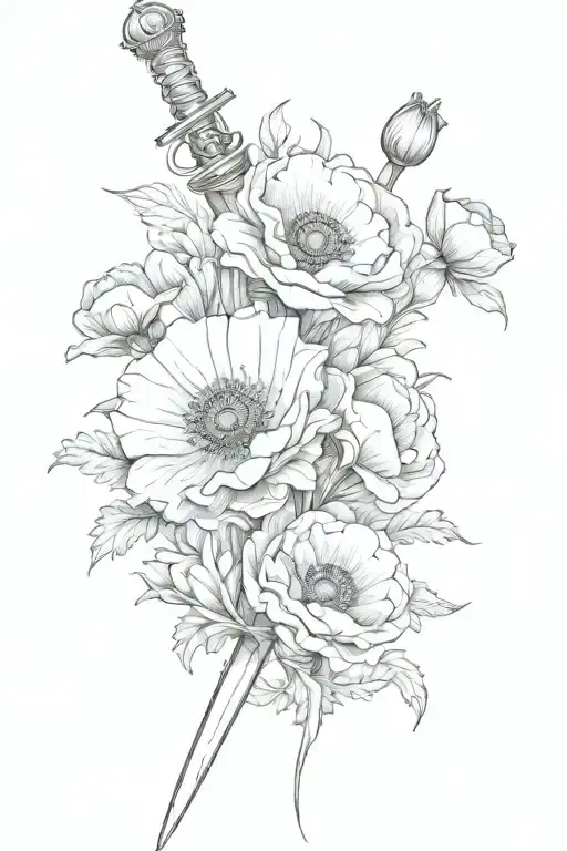 27 Multiple Poppy Flowers Wrapped Around Sword