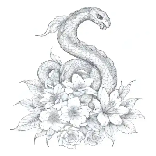 Snake And Flowers Fine Line Tattoo Masculine