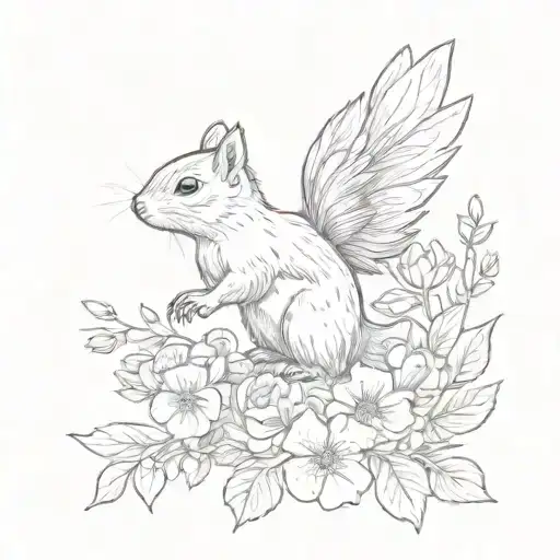 Squirrel Amongst Flowers With A Bird Flying To Them
