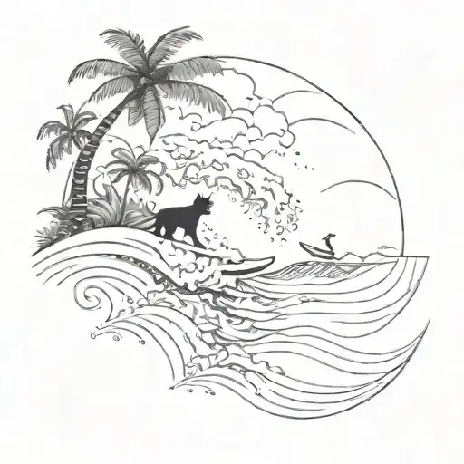 A Sketch Of An Ocean Wave With Palm Trees And A Black Cat Surfing On Top