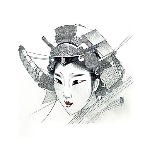 Geisha Holding A Samurai Helmet