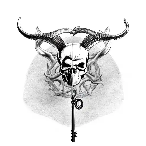 A Skull With Twisted Horns And A Crow Holding A Key In Its Beak