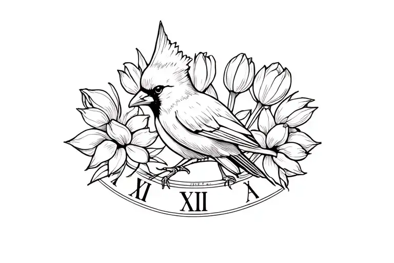 Horizontal Cardinal With Tulips Around It And Roman Numerals At The Bottom
