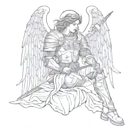 Angel In Light Armor With A Sword Is Tired And Smoking A Cigarette
