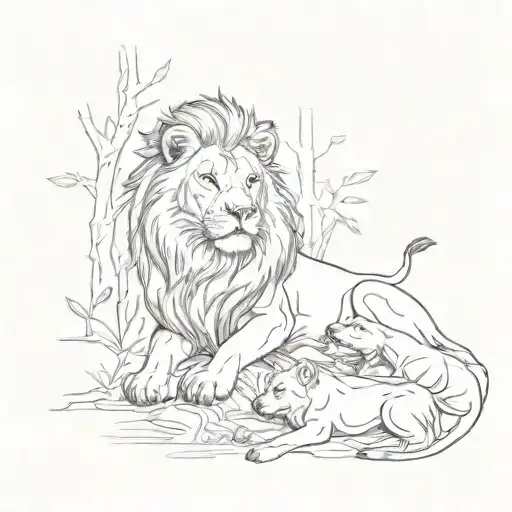 A Sketch Style Tattoo Of A Lion Lounging In A Forest Surrounded By Puppies