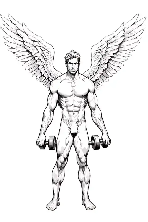A Men Full Whole Gym Body And Long Angel Wings On Back And Two Dumbbells In His Hands